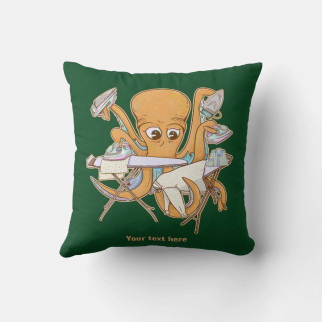 Octopus ironing, overwhelmed by chores. throw pillow (Back)