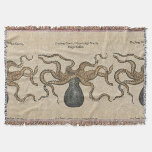 Octopus Kraken Antique Coastal Marine Wildlife Throw Blanket