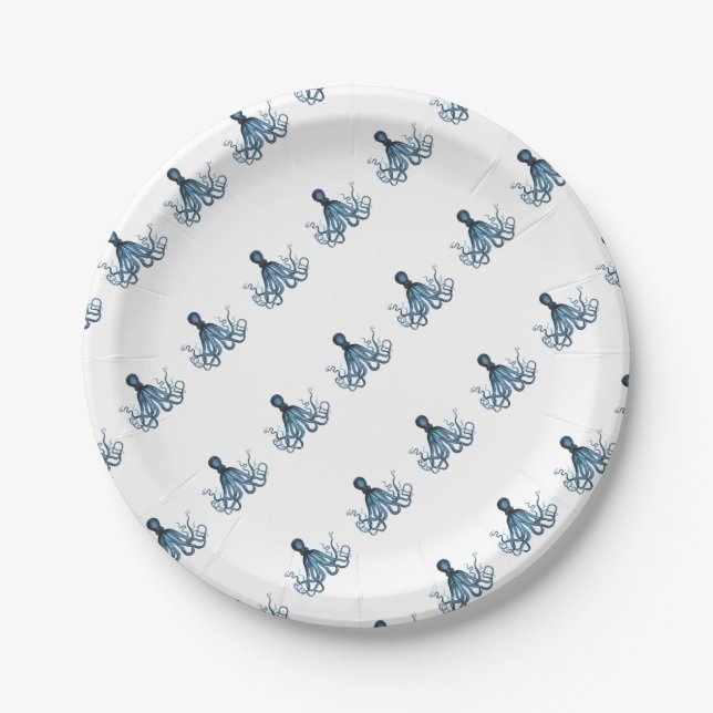 Octopus kraken nautical coastal beach sea blue paper plates (Front)