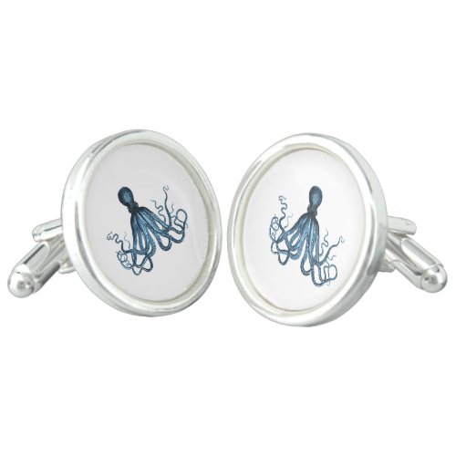 Octopus kraken nautical coastal ocean beach blue cufflinks