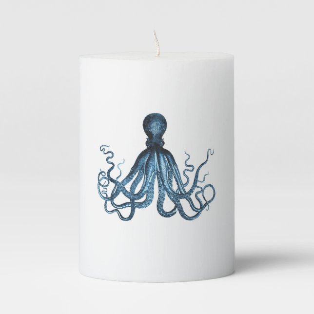 Octopus kraken nautical coastal ocean beach blue pillar candle (Front)