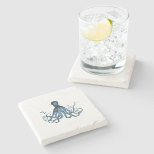 Octopus kraken nautical coastal ocean beach blue stone coaster