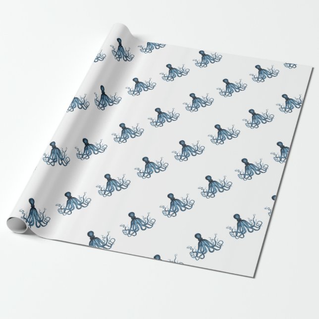 Octopus kraken nautical coastal ocean beach blue wrapping paper (Unrolled)