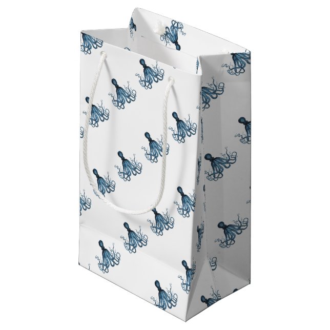 Octopus kraken nautical coastal ocean blue small gift bag (Front Angled)