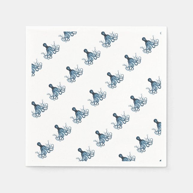 Octopus kraken nautical coastal sea beach blue napkins (Front)