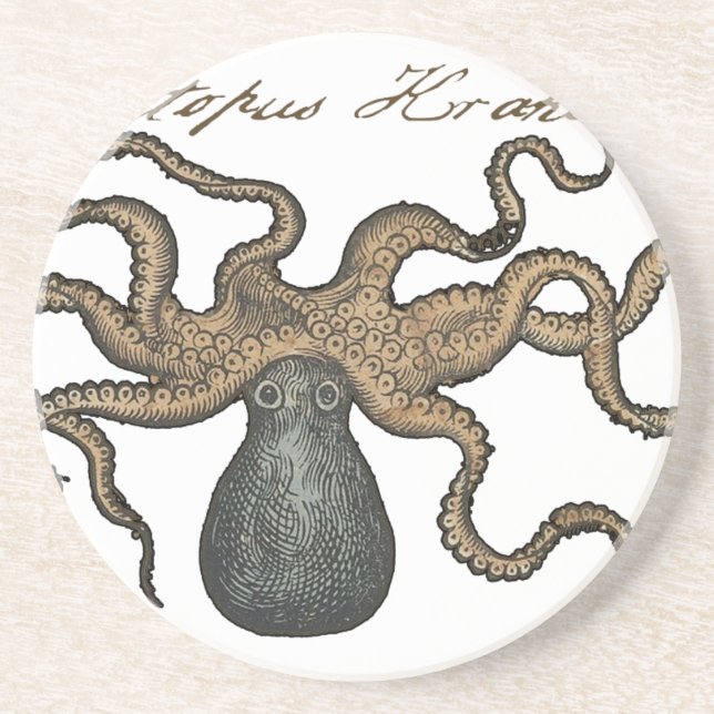 Octopus Kraken Vintage Illustration Drink Coaster (Front)