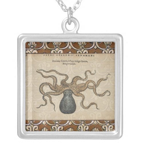Octopus Kraken Vintage Illustration Silver Plated Necklace