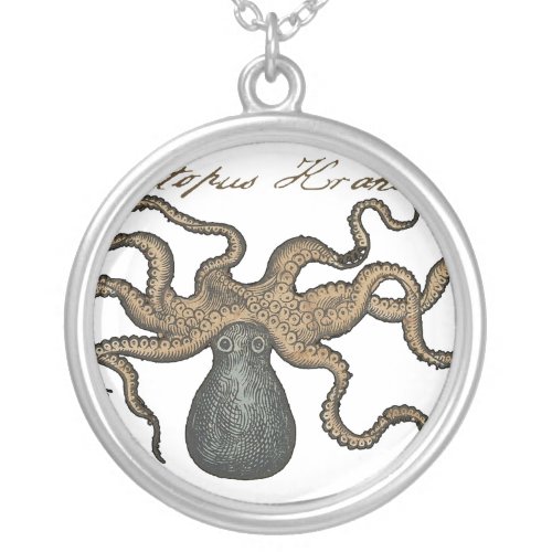 Octopus Kraken Vintage Illustration Silver Plated Necklace