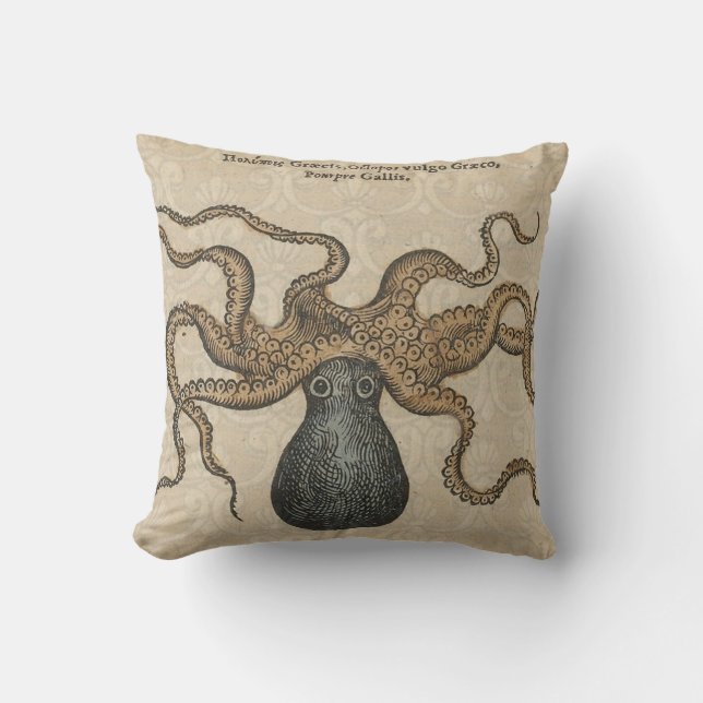 Octopus Kraken Vintage Illustration Throw Pillow (Front)