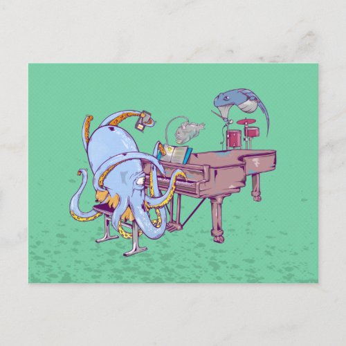 Octopus learning to play a piano postcard