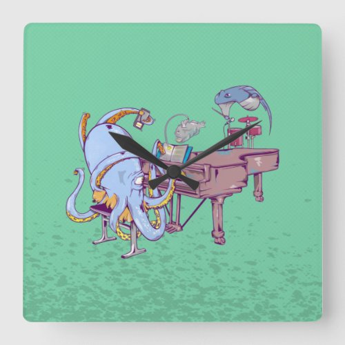 Octopus learning to play a piano square wall clock