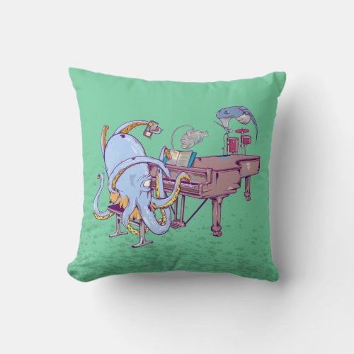 Octopus learning to play a piano throw pillow
