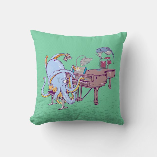 Octopus learning to play a piano throw pillow (Front)