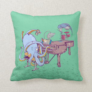 Octopus learning to play a piano throw pillow