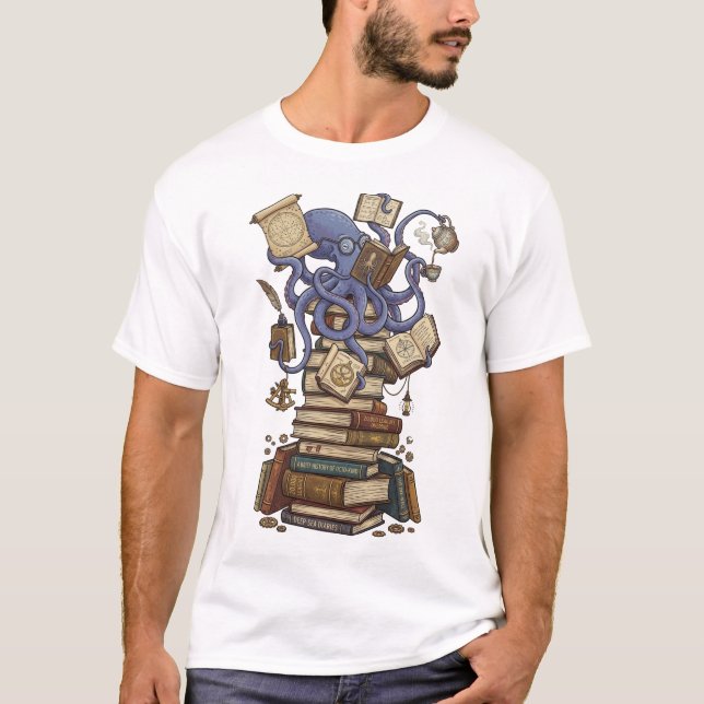 Octopus Librarian over Books T-Shirt (Front)