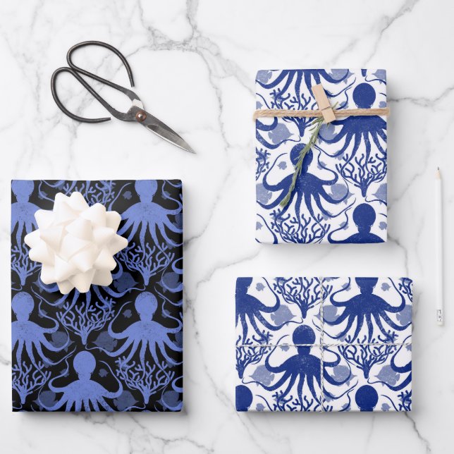 Octopus (light and dark background) wrapping paper sheets (Front)