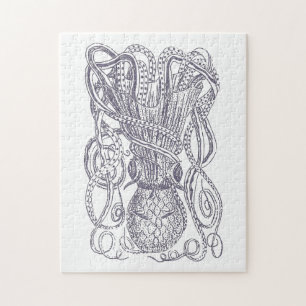 Octopus Line Art Drawing Block Print in Purple Jigsaw Puzzle