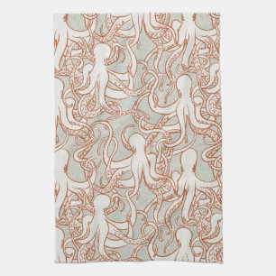 Octopus Line Art   Modern Coastal (Orange & Gray) Kitchen Towel