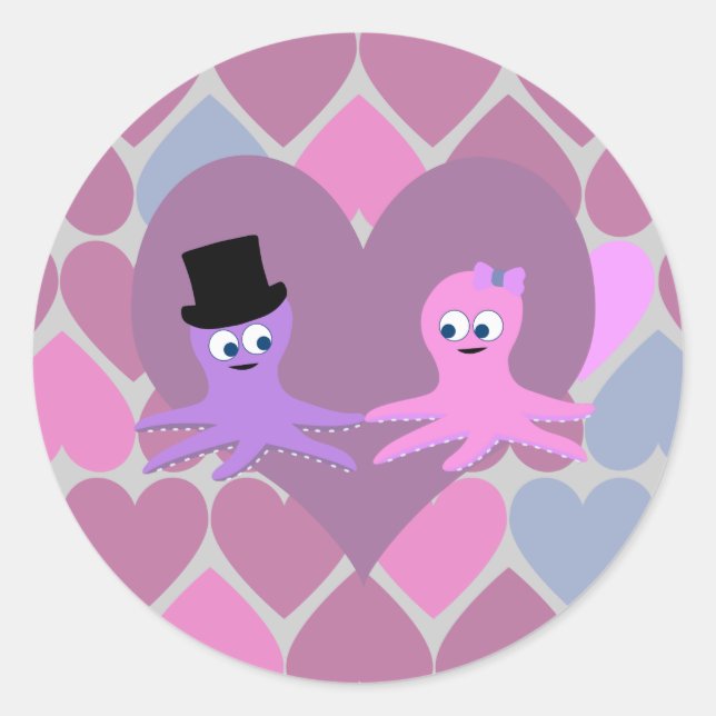 Octopus love with Heart background Classic Round Sticker (Front)