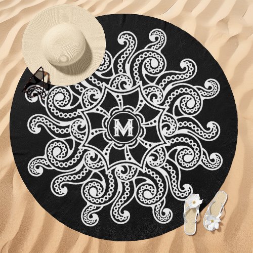 Octopus Mandala Monogram Black Beach Towel