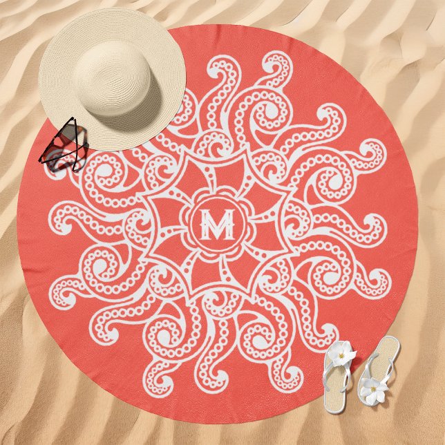 Octopus Mandala Monogram Coral Beach Towel (Creator Uploaded)