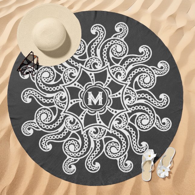 Octopus Mandala Monogram Gray Beach Towel (Creator Uploaded)
