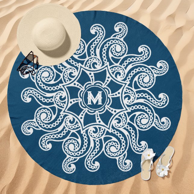 Octopus Mandala Monogram Navy Blue Beach Towel (Creator Uploaded)