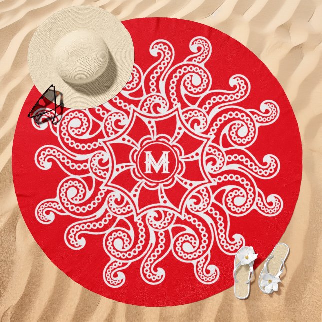 Octopus Mandala Monogram Red Beach Towel (Creator Uploaded)