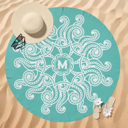 Octopus Mandala Monogram Teal Beach Towel