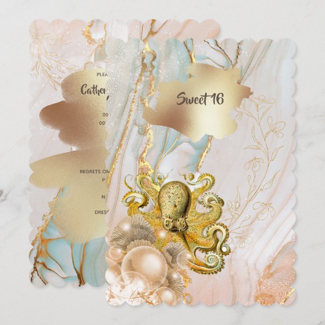 Octopus marine gold elegant Quinceanera party Invitation (Front/Back)