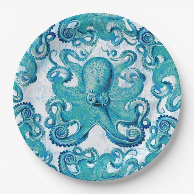 Octopus Marine Life Ocean Animals Beach Nautical Paper Plates (Front)