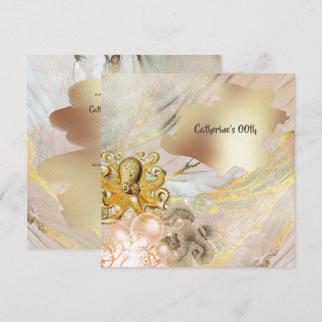 Octopus modern faux gold ocean coral nautical chic invitation (Front/Back)