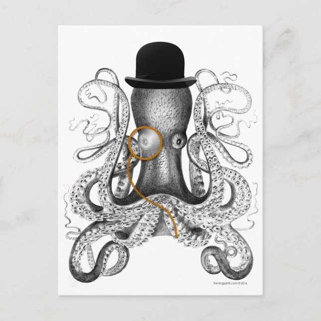 Octopus Monocle Bowler Hat Curiosity Postcard (Front)