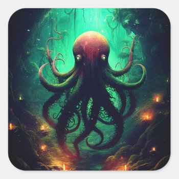 Octopus Mythical Nautical Under The Sea Creatures Square Sticker by WillowTreePrints at Zazzle