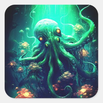 Octopus Mythical Nautical Under The Sea Creatures Square Sticker by WillowTreePrints at Zazzle