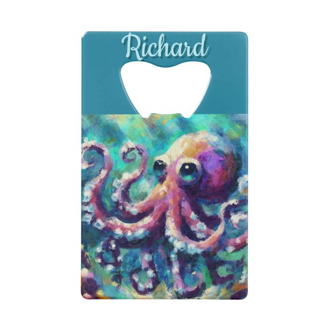 Octopus Nautical Beach Coastal Personalized Credit Card Bottle Opener (Front)
