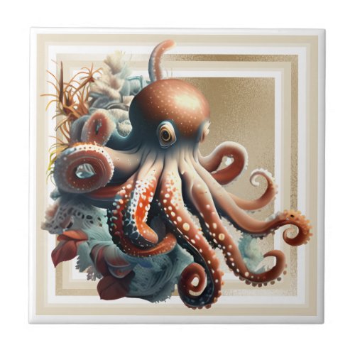 Octopus nautical marine sea gold orange glam ceramic tile