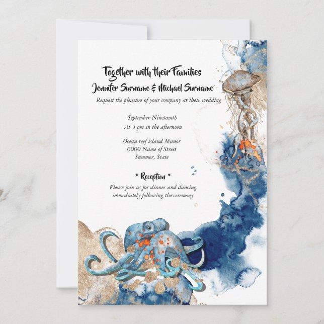 Octopus nautical navy orange beach sea wedding invitation (Front)
