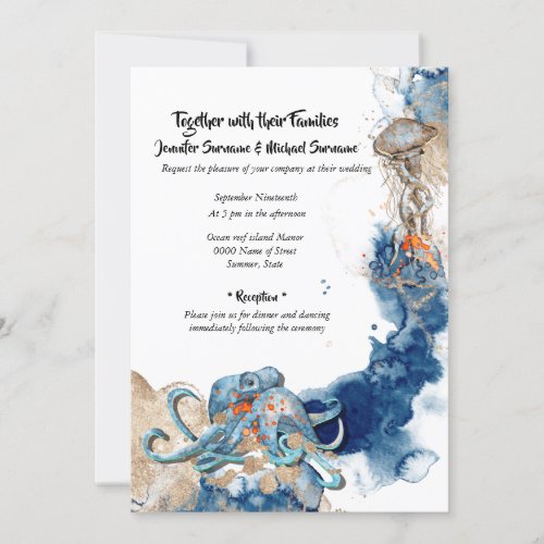 Octopus nautical navy orange beach sea wedding invitation