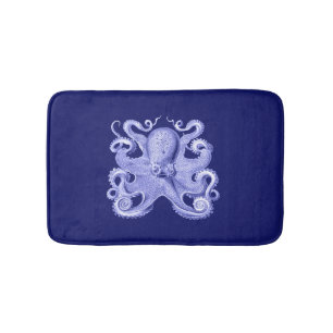 Octopus Navy Blue Sea Coastal Nautical Beach House Bath Mat