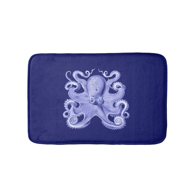 Octopus Navy Blue Sea Coastal Nautical Beach House Bath Mat (Front)