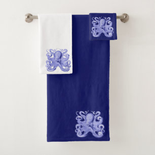 Octopus Navy Blue White Nautical Coastal Under Sea Bath Towel Set