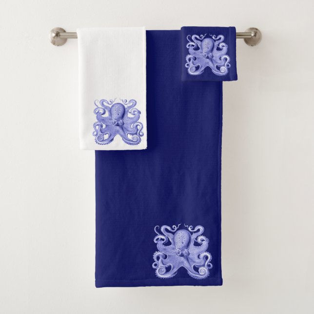 Octopus Navy Blue White Nautical Coastal Under Sea Bath Towel Set (Insitu)