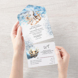 Octopus ocean waves blue white beach coastal sea all in one invitation