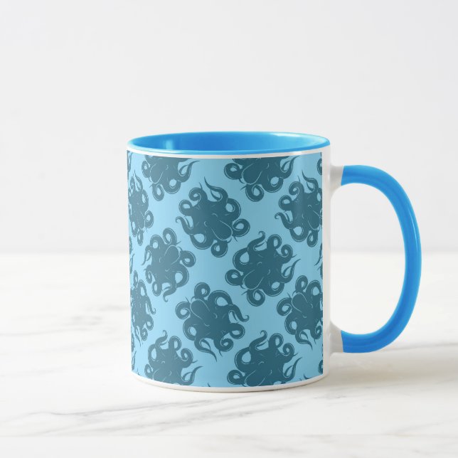 Octopus On Blue Pattern Mug (Right)
