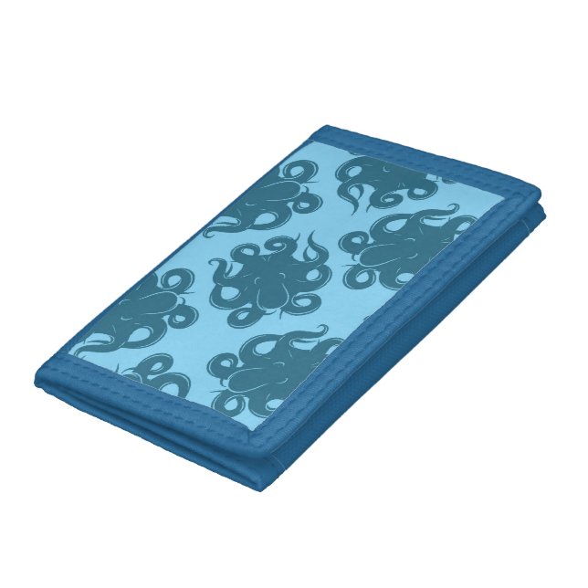 Octopus On Blue Pattern Tri-fold Wallet (Bottom)