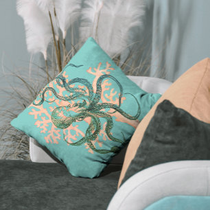 Octopus on Coral Modern Throw Pillow