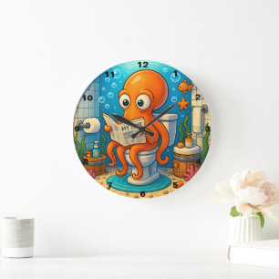 Octopus on Toilet Humorous Funny Bathroom Setting Large Clock