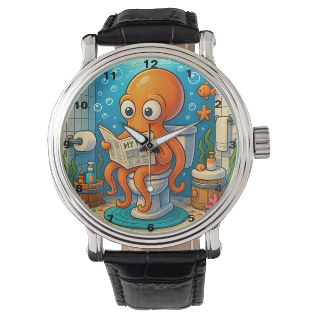 Octopus on Toilet Humorous Funny Bathroom Setting Watch (Front)