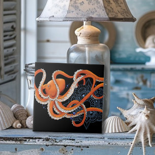 Octopus Orange Mandala Blue Ceramic Tile